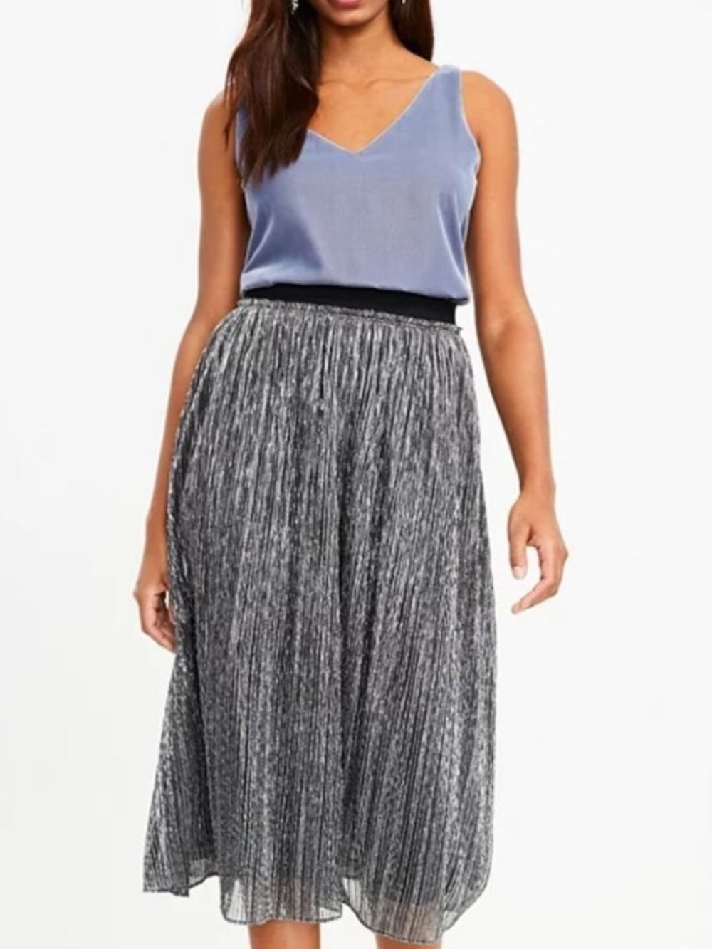 LOFT Silver Shimmer Pleated Midi Skirt